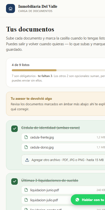 Portal de carga de documentos del cliente en el celular