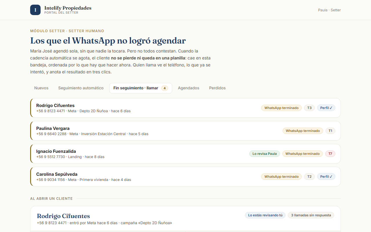 Portal del setter con la bandeja de clientes por llamar
